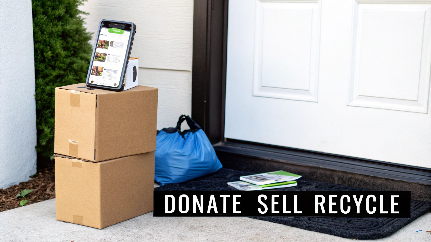 Cardboard boxes, a blue bag, and a smartphone on a porch, ready for donation or recycling.