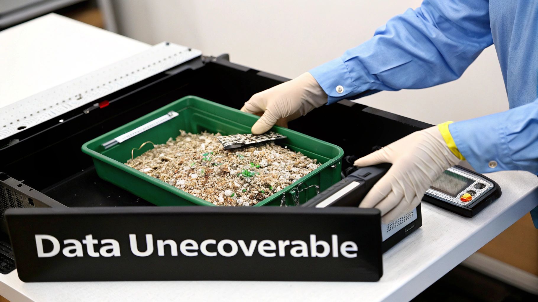 A gloved person in a blue shirt processes shredded electronic waste from a green bin near a “Data Unrecoverable” sign.