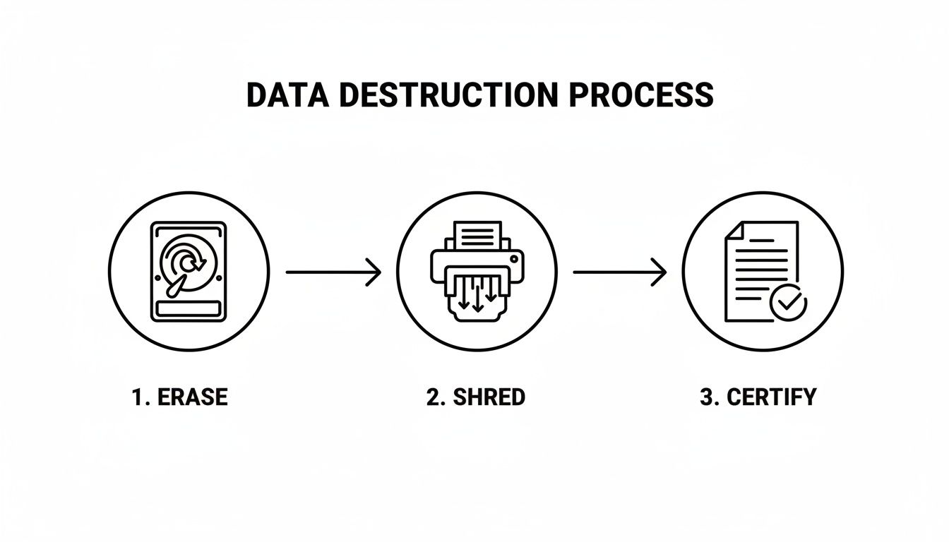 Data destruction process infographic illustrating three steps: erase, shred, and certify, emphasizing secure IT asset disposal for corporate recycling.