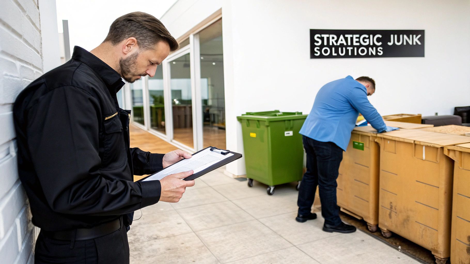 A man reviews a clipboard while another sorts commercial junk in bins near a 'Strategic Junk Solutions' sign.