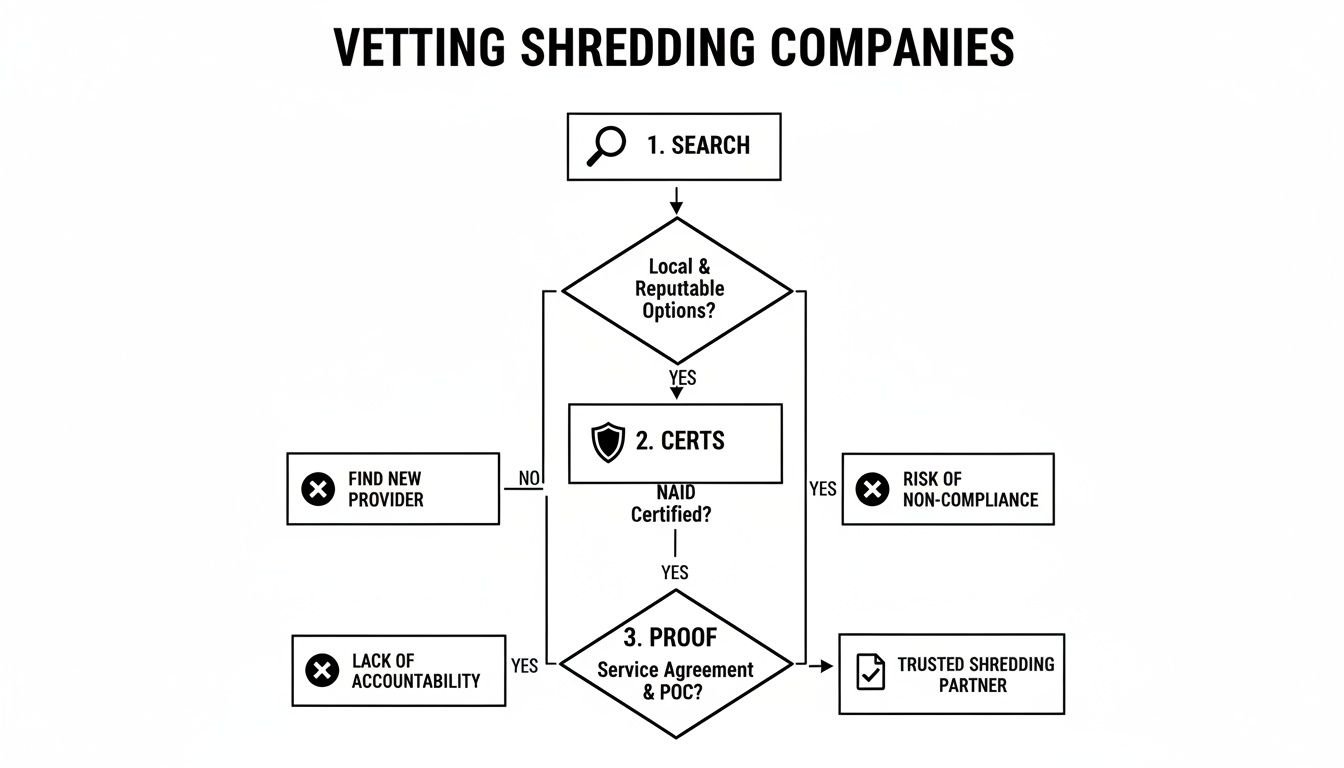 A flowchart outlining the process of vetting shredding companies, from searching to certification and proof.
