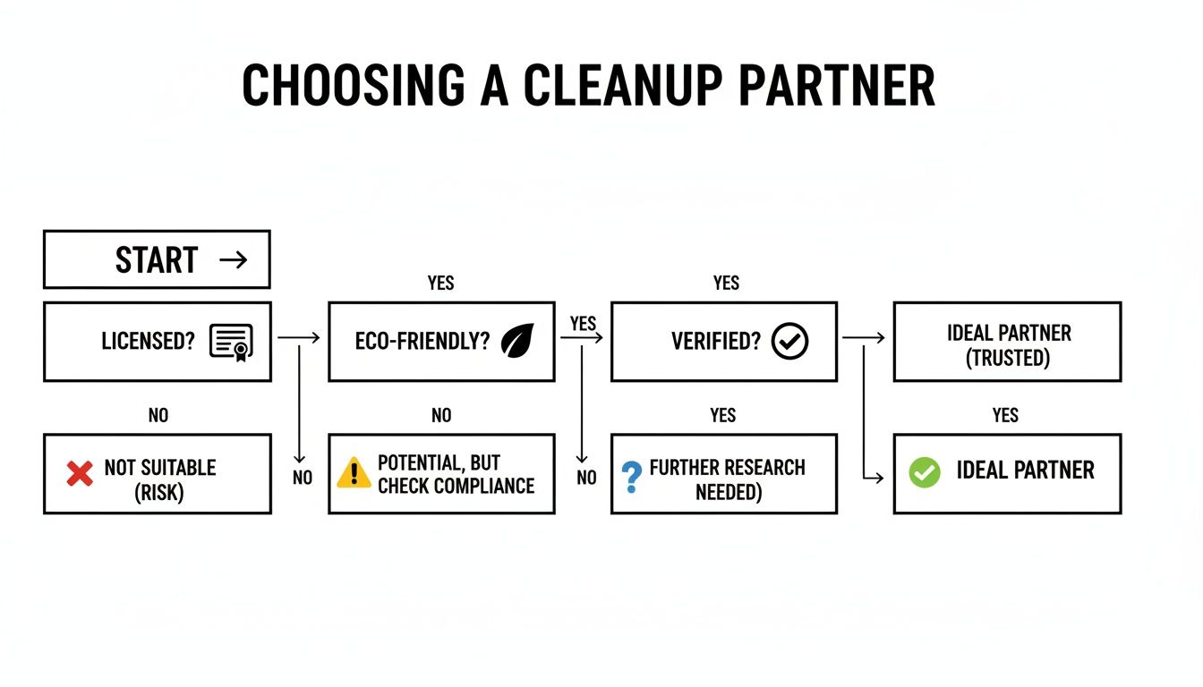 Flowchart detailing the process of choosing an ideal cleanup partner based on licensing, eco-friendliness, and verification.