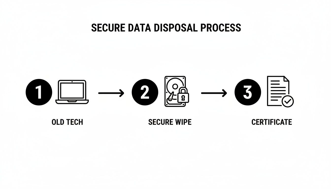 A three-step diagram illustrates the secure data disposal process: old tech, secure wipe, and certificate.