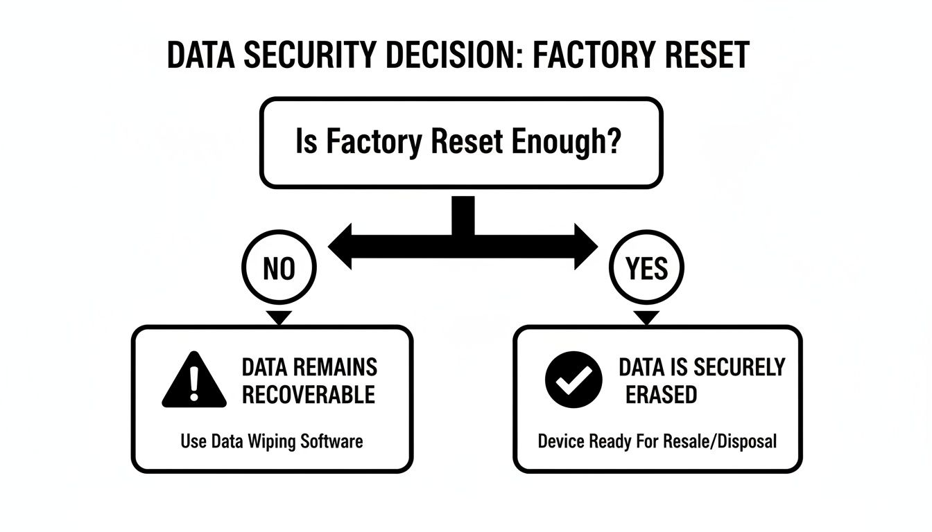 A flowchart detailing the data security decision for factory reset, showing paths for data recoverability and secure erasure.