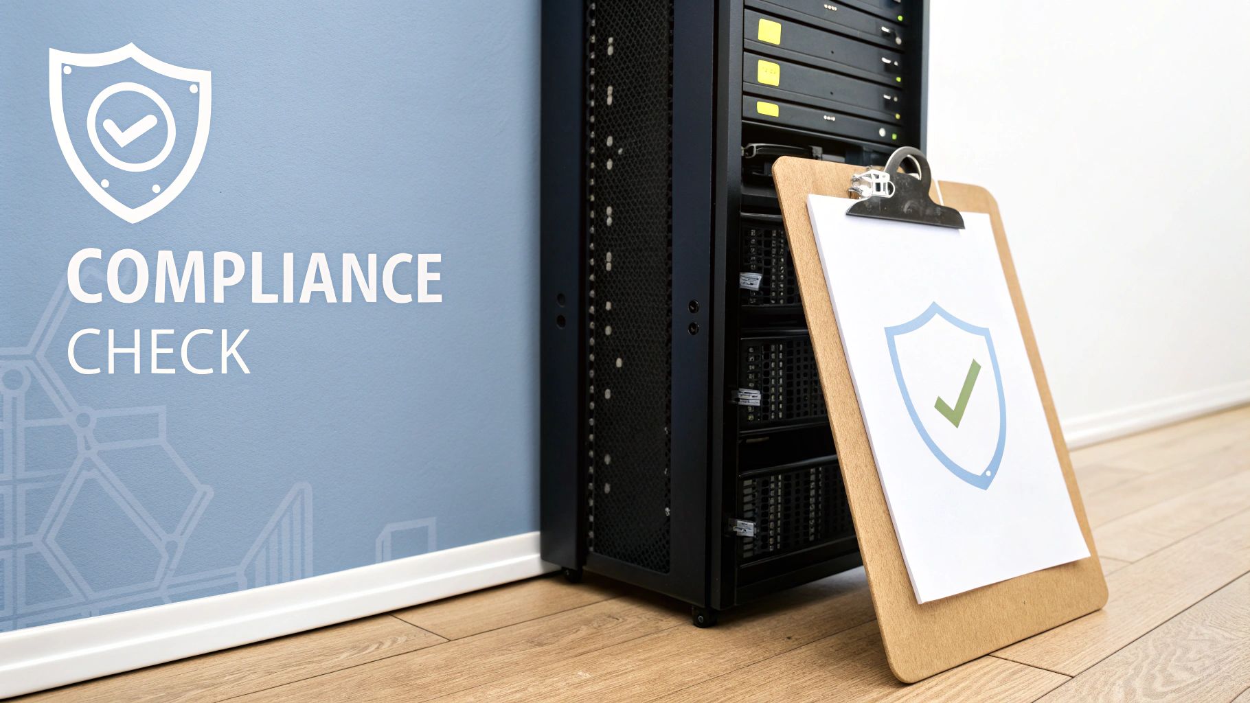 Security compliance check concept with a server rack, 'COMPLIANCE CHECK' text, and clipboard icon.