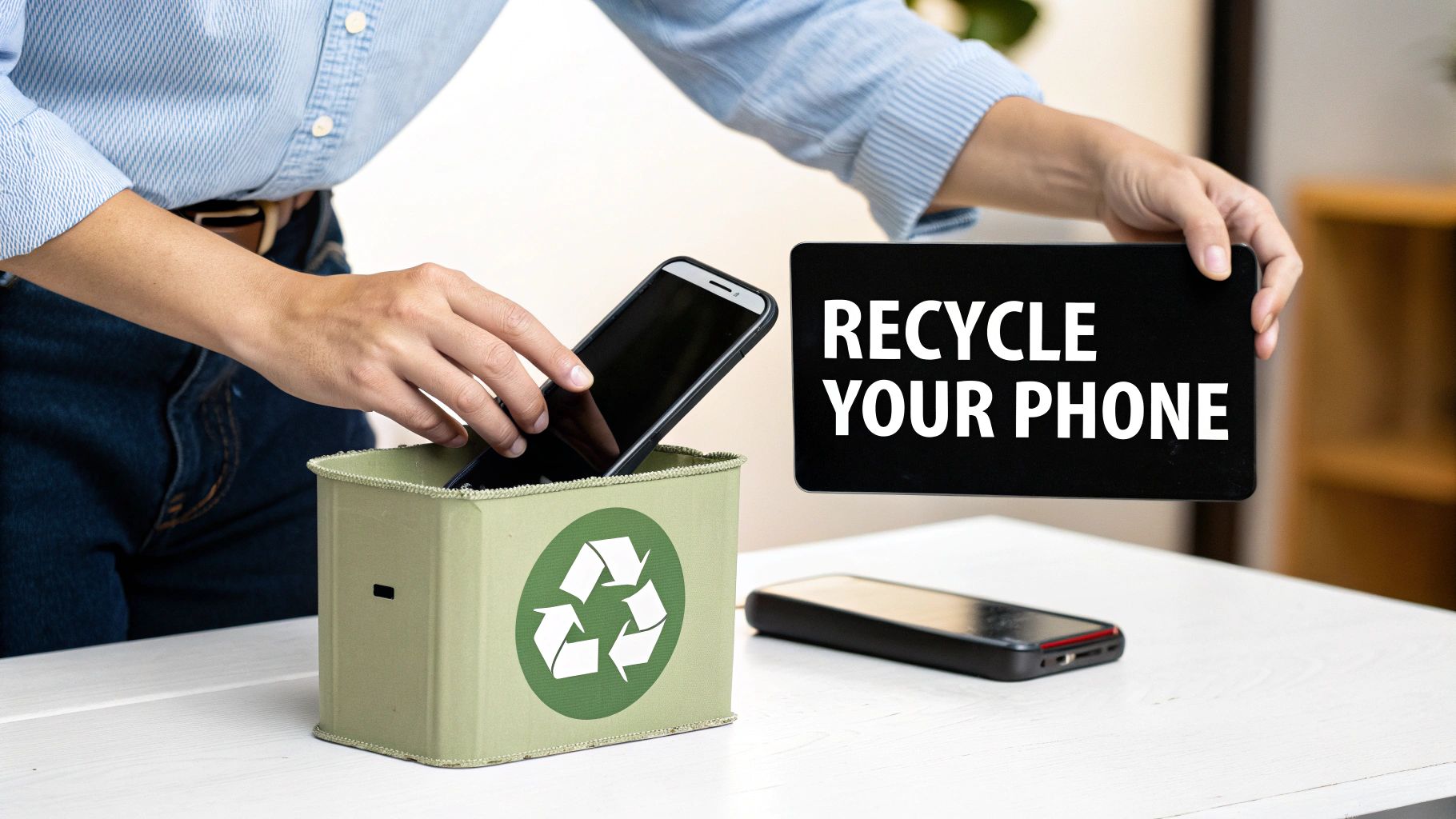 A person holding an old smartphone with a green recycling symbol on the screen, representing the environmental benefits of phone recycling.