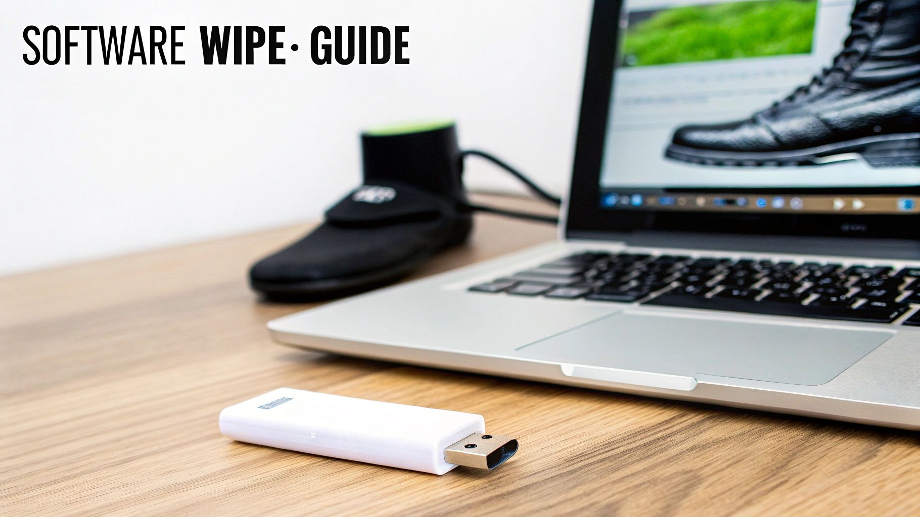 Close-up of a white USB stick and a laptop on a desk for software data wipe guide.