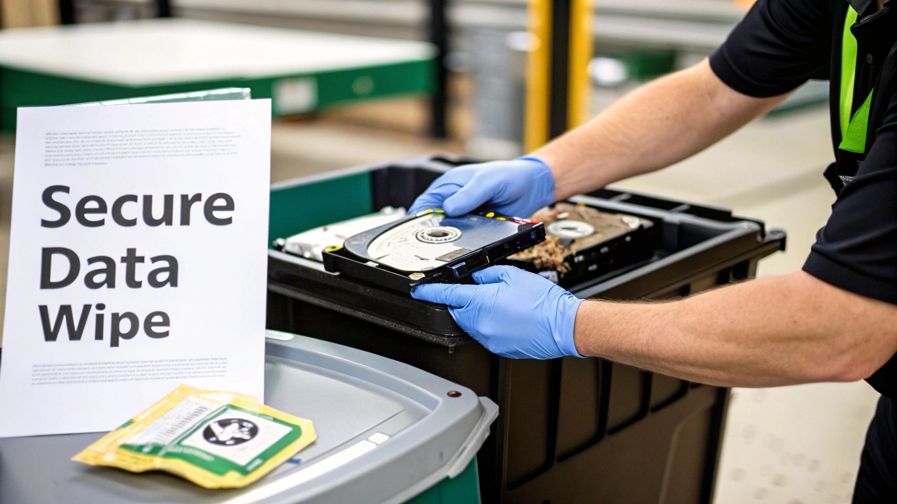 A person wearing blue gloves is securely wiping data from a hard drive into a bin, next to a &ldquo;Secure Data Wipe&rdquo; sign.