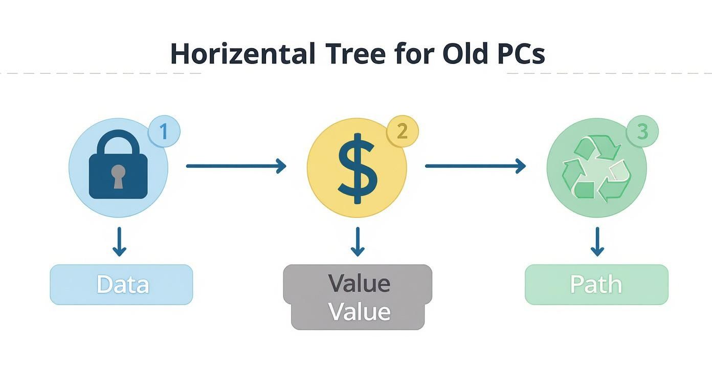 Three-step horizontal flowchart showing data security, financial value, and recycling path for old computers