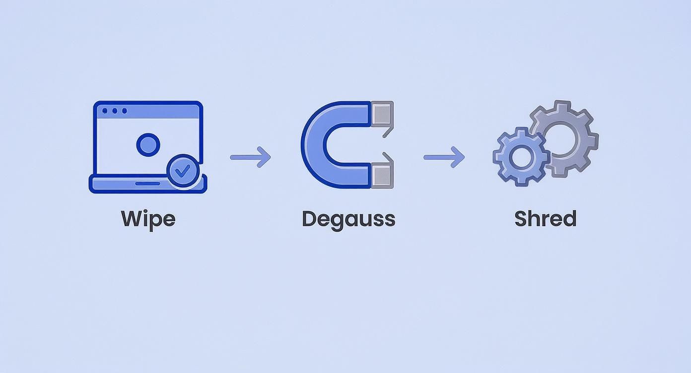 Three-step data destruction process: wiping, degaussing, and shredding electronic devices for secure disposal.
