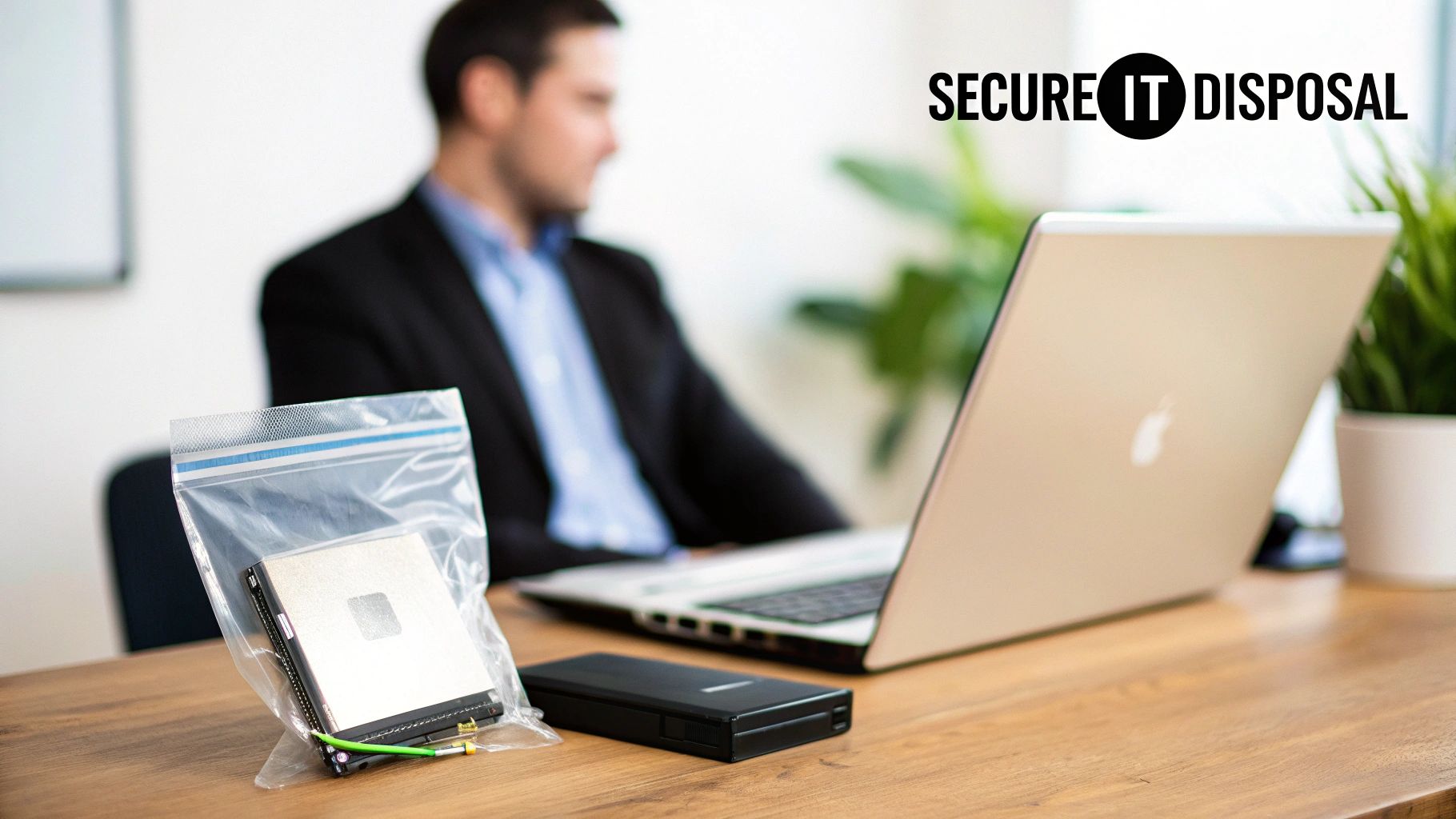 Hard drive in an anti-static bag on a desk, highlighting secure IT data disposal.