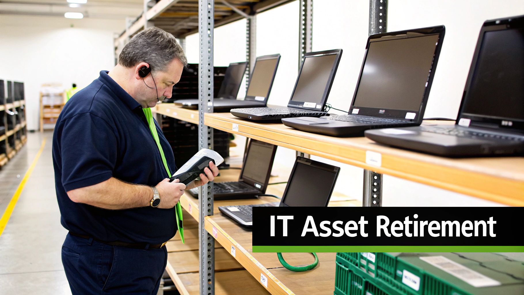 A man in a warehouse scans laptops on shelves, managing IT asset retirement.