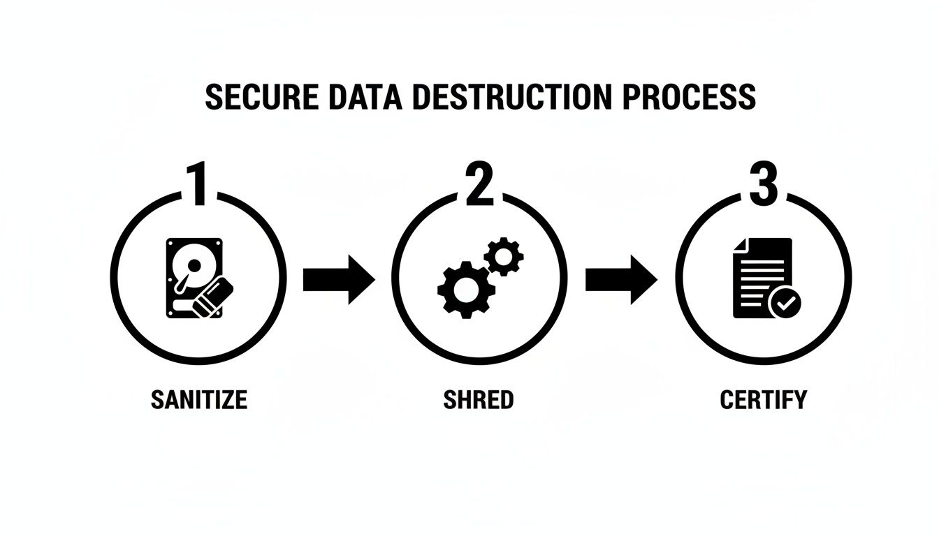 Secure data destruction process diagram illustrating sanitize, shred, and certify steps with icons.