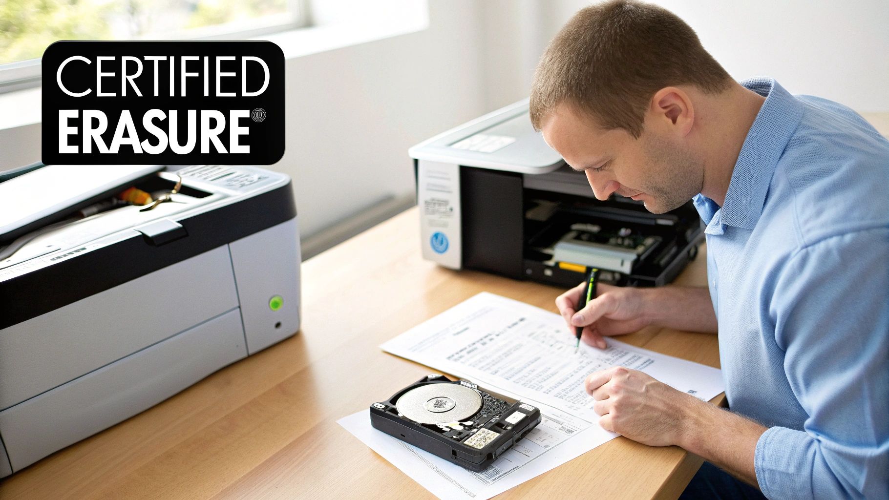 A man writes on a document, with a disassembled hard drive and a 'Certified Erasure' logo nearby.