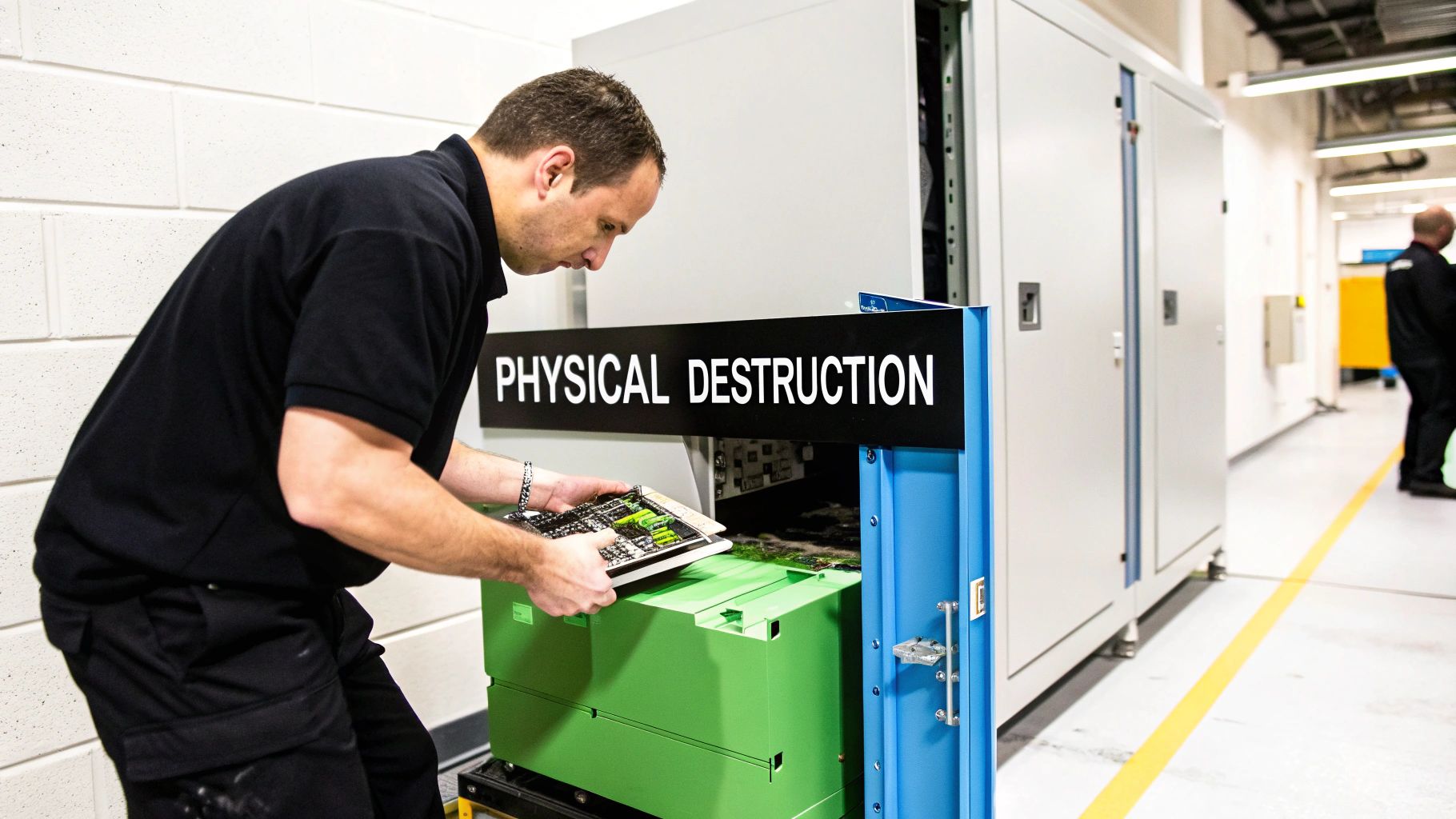 A technician loads circuit boards into a 'Physical Destruction' machine for secure electronic waste disposal.