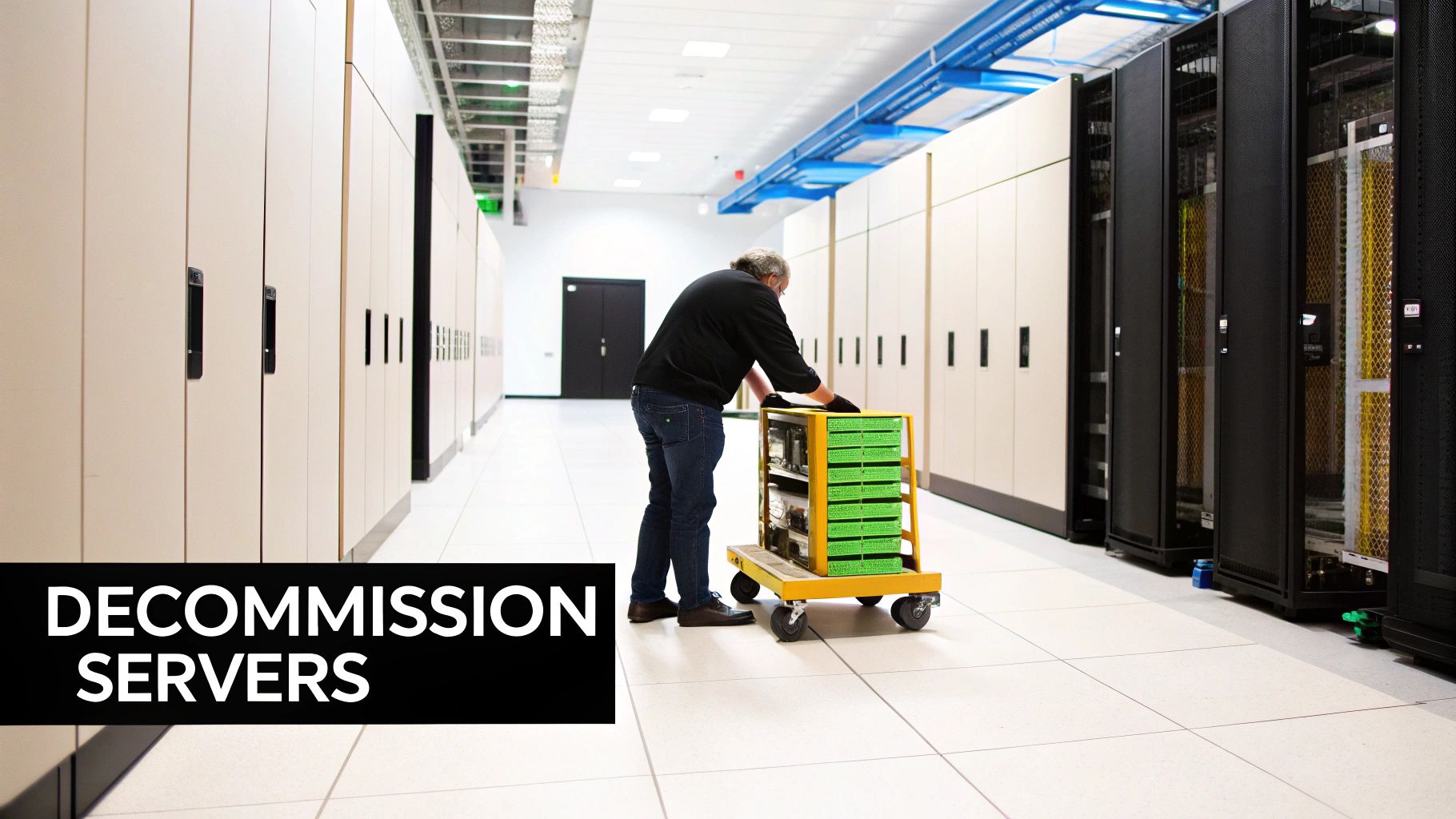 Man decommissioning servers with a cart in a data center, emphasizing end-of-life IT asset management and secure data destruction.
