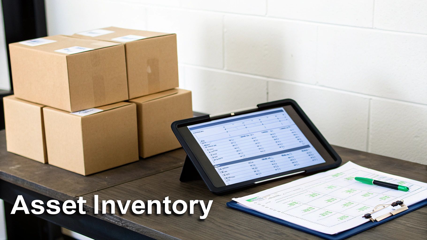 Cardboard boxes, a tablet displaying inventory data, and documents on a wooden desk for asset management.
