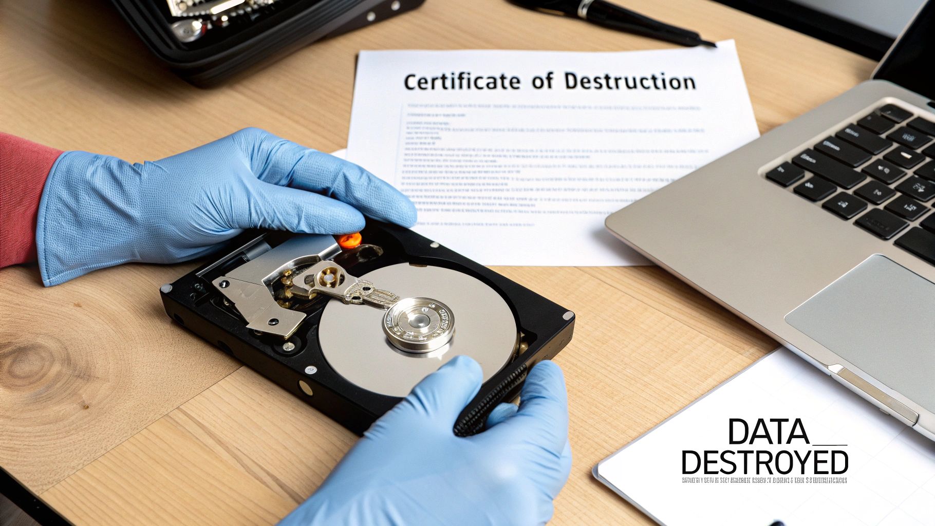 A person in blue gloves dismantling an open hard drive next to a 'Certificate of Destruction' document.