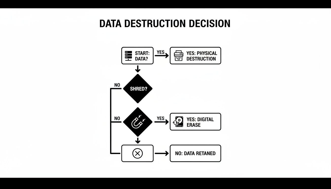 Flowchart detailing the data destruction decision process, offering paths for physical, digital destruction, or data retention.