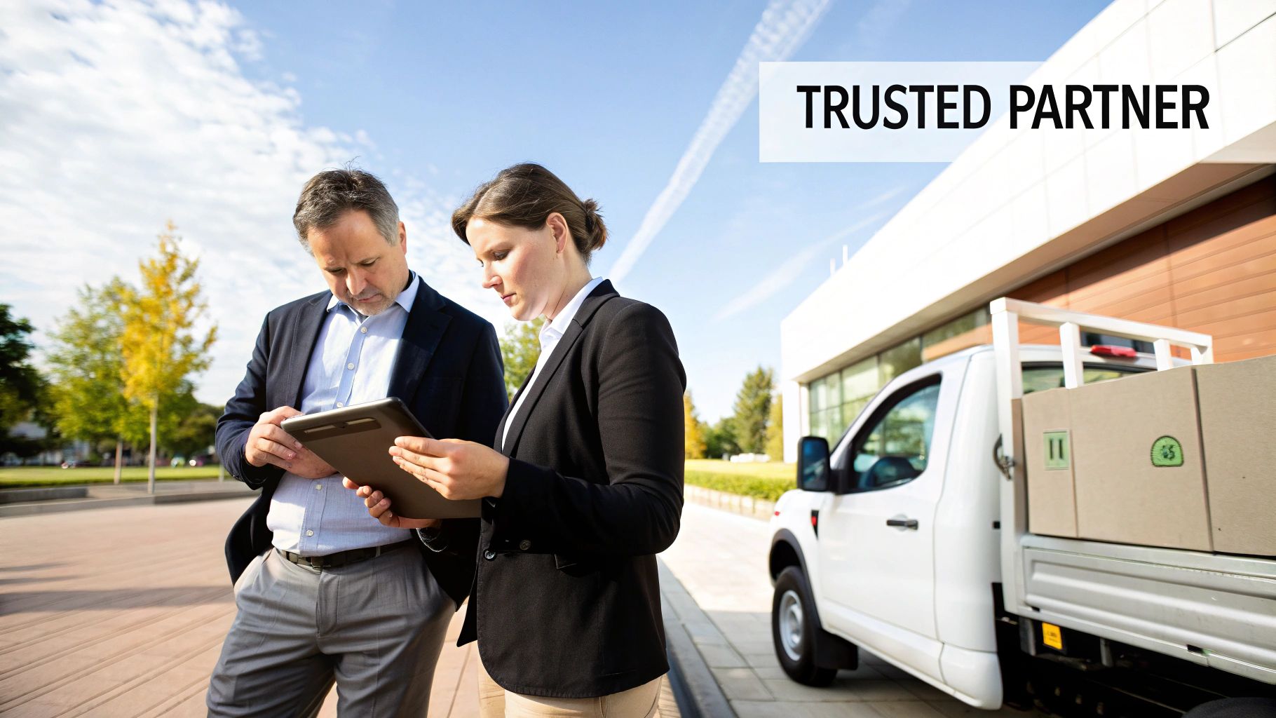 Two business professionals review a tablet outdoors, with a pickup truck nearby and 'TRUSTED PARTNER' text.