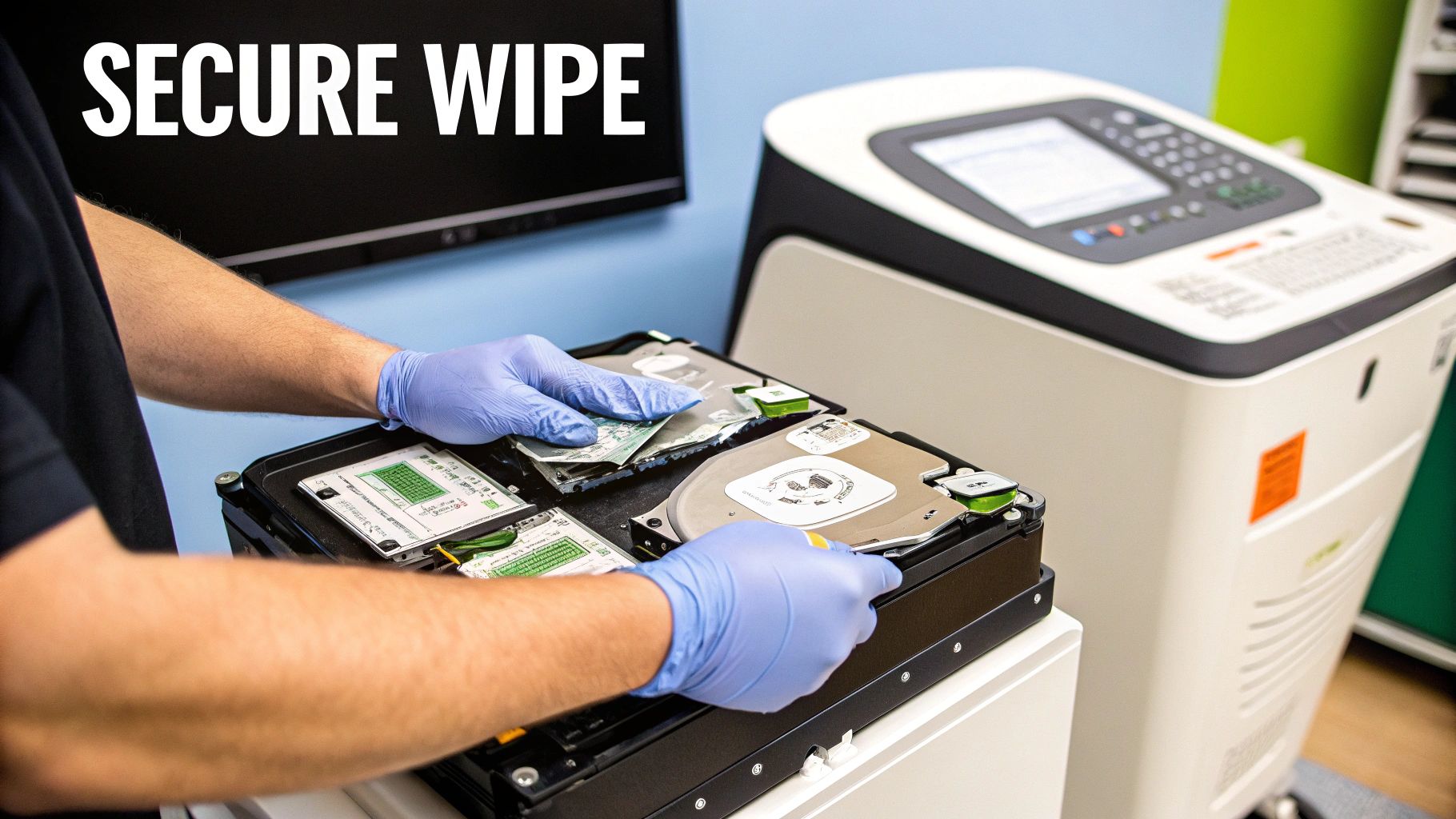Technician wearing blue gloves performing secure data wipe on hard drive before computer disposal