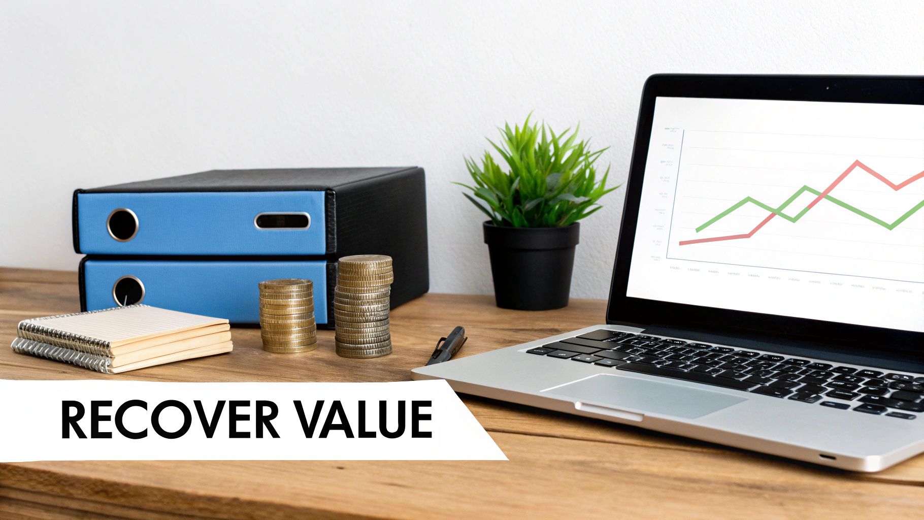 A desk setup with binders, stacked coins, a plant, and a laptop displaying a value recovery graph.