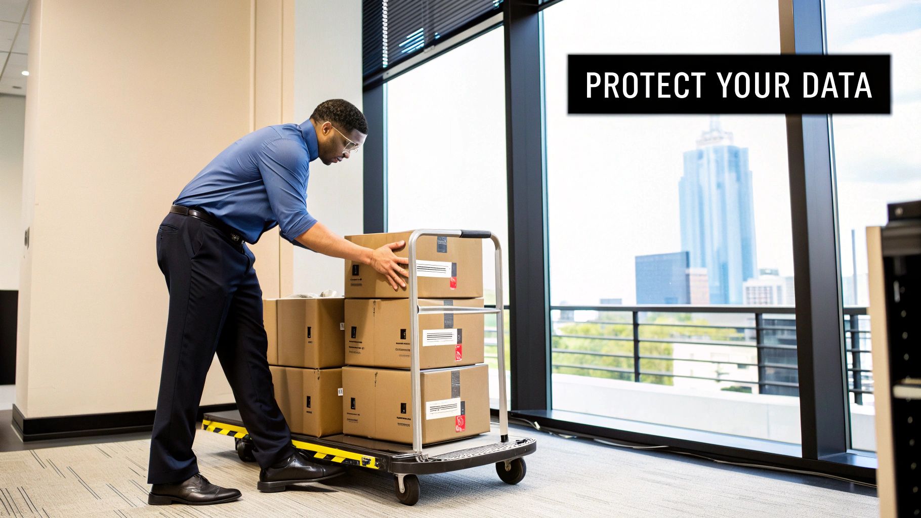 Man moving boxes of electronic data on a dolly in an office with a city view, emphasizing data protection.
