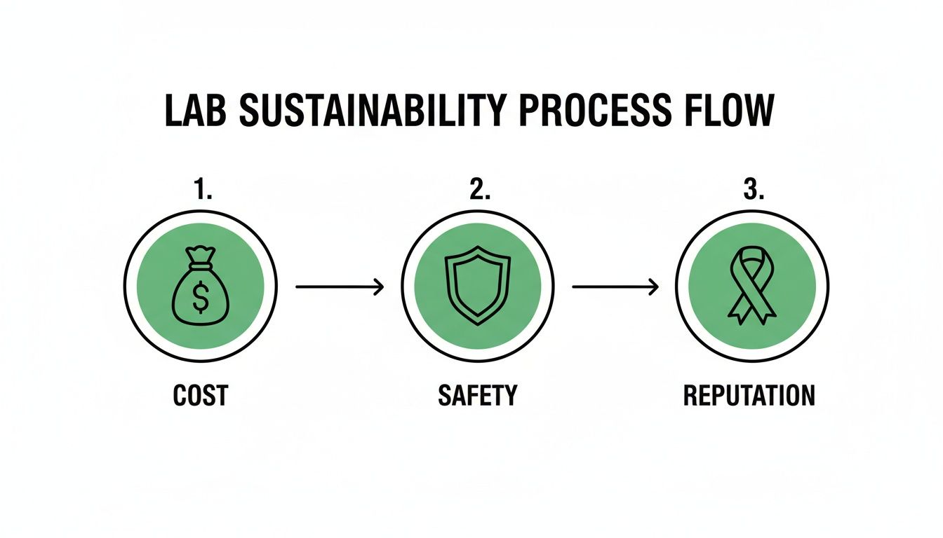 A diagram titled 'Lab Sustainability Process Flow' illustrating three steps: Cost, Safety, and Reputation.