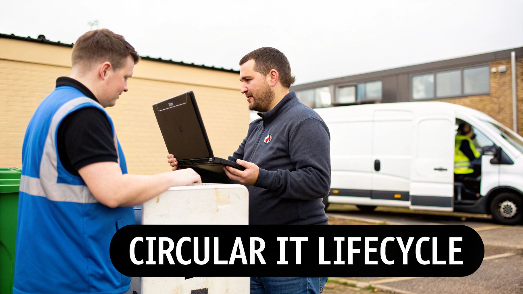 Two men discussing a laptop in front of a recycling station, emphasizing the concept of a circular IT lifecycle in sustainable technology practices.