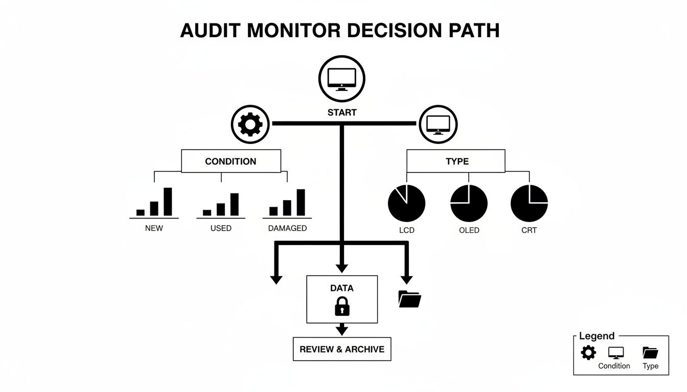 A flowchart illustrating the Audit Monitor Decision Path for monitors based on condition (New, Used, Damaged) and type (LCD, OLED, CRT), ending in data review and archive.