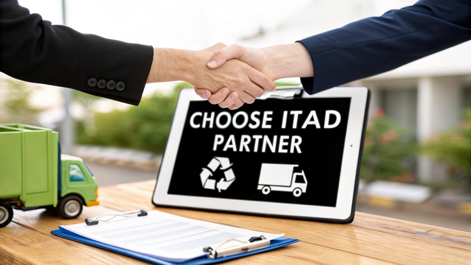 Business partners shaking hands over a tablet displaying ITAD (IT Asset Disposition) and electronics recycling services.