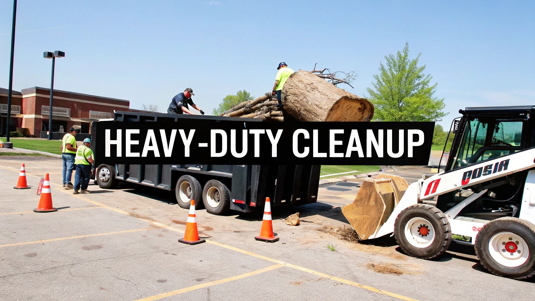 Workers and heavy machinery remove large tree logs and debris during a heavy-duty cleanup operation.