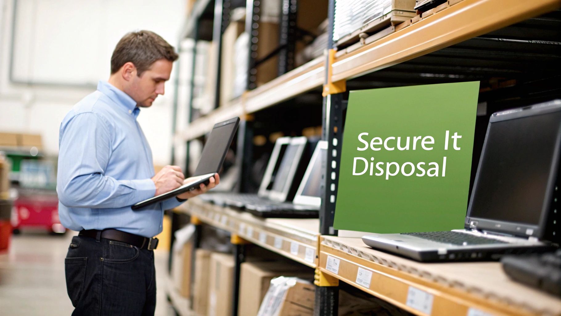 A man inspecting laptops on shelves in a warehouse with a 'Secure It Disposal' sign visible.