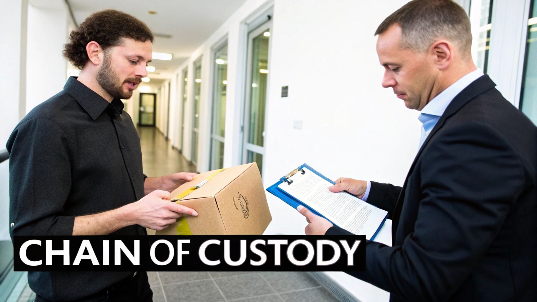 Two men exchanging a package and signing a document, illustrating chain of custody.
