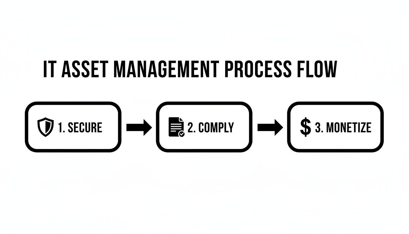 A diagram illustrating the IT Asset Management Process Flow with steps: 1. Secure, 2. Comply, and 3. Monetize.