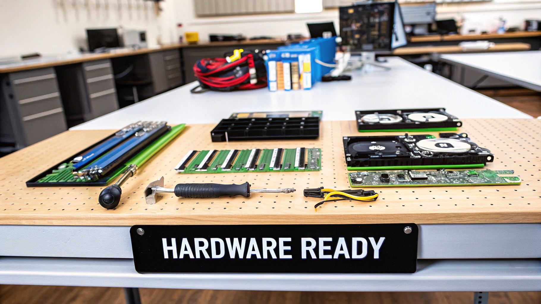 A person disassembling an old computer on a workbench