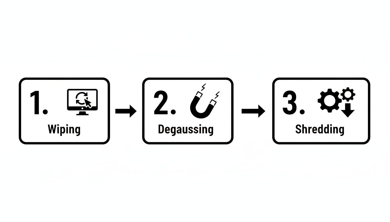 Sequential steps for secure data destruction: wiping, degaussing, and physical shredding of IT equipment.