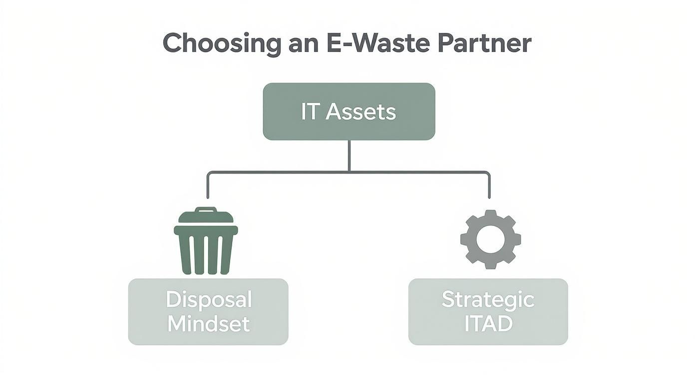 Infographic decision tree on choosing an e-waste partner, showing two paths from 'IT Assets': a 'Disposal Mindset' leading to risks and a 'Strategic ITAD' path leading to security and value recovery.