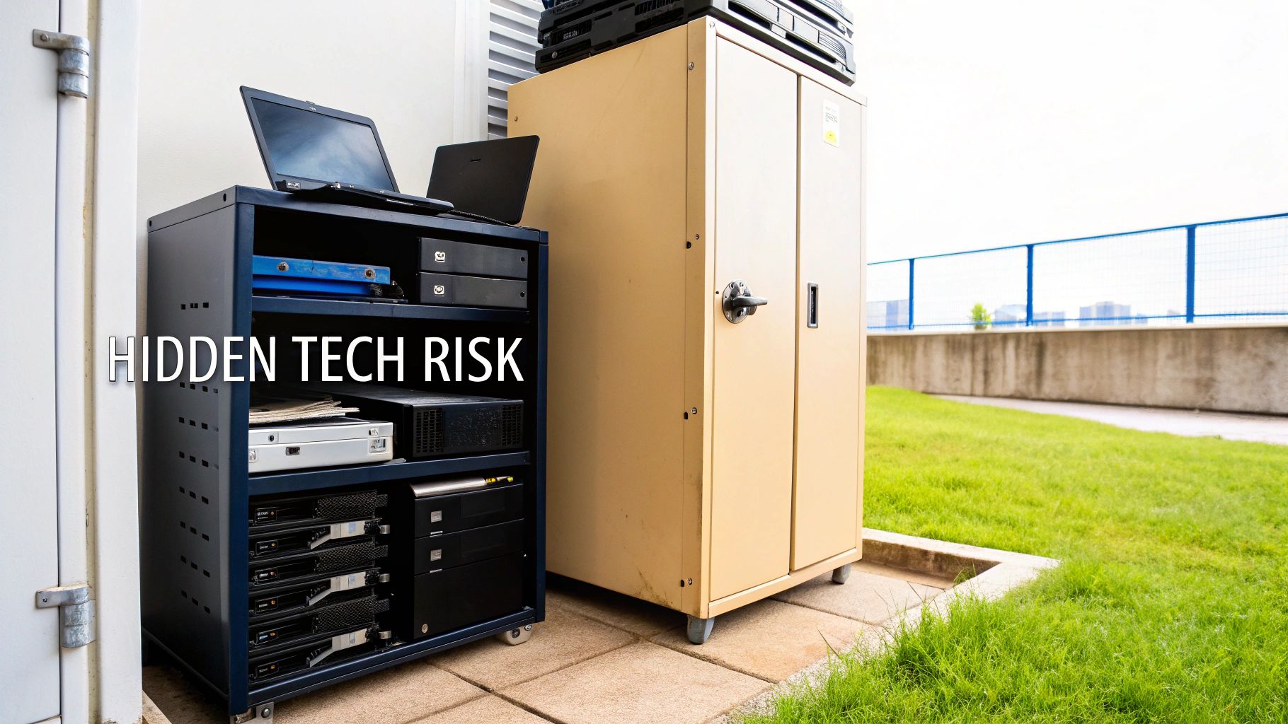 Outdoor IT equipment on racks and in cabinets, featuring a 'HIDDEN TECH RISK' overlay.