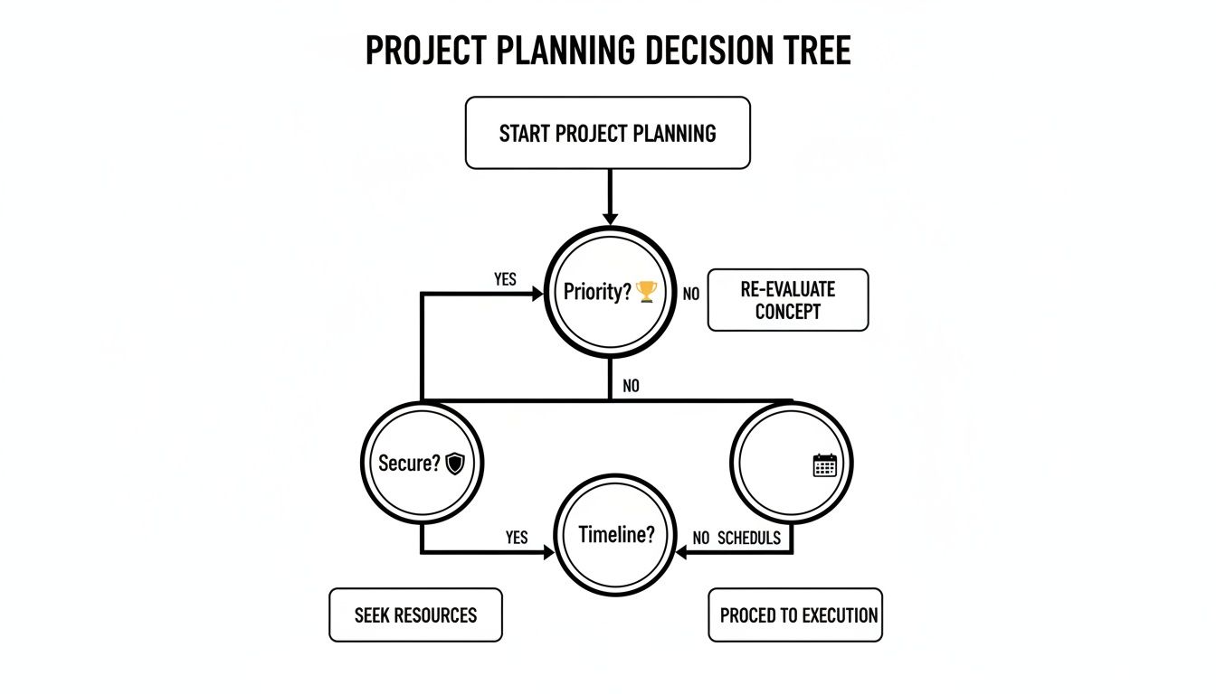 A project planning decision tree flow chart illustrating steps from initiation to execution or re-evaluation.