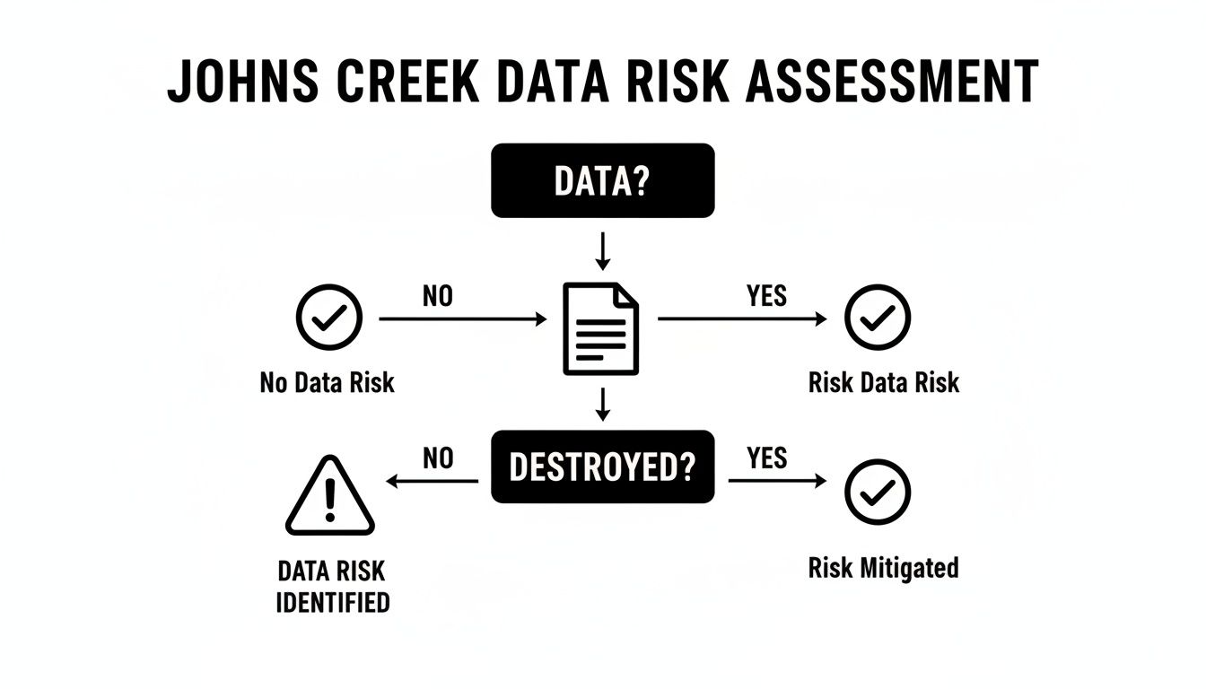 Johns Creek data risk assessment flowchart, illustrating steps for data presence, destruction, and risk mitigation.