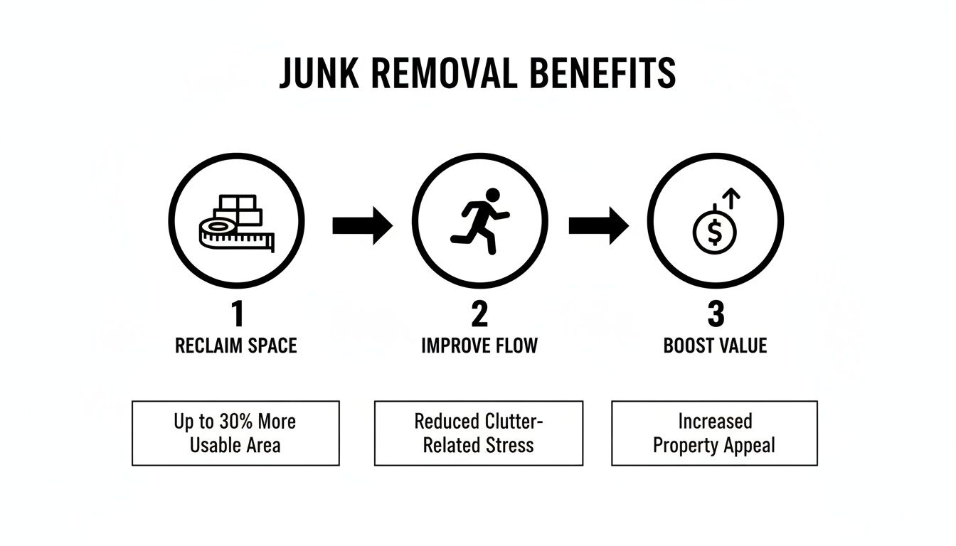 Infographic showing three benefits of junk removal: reclaim space, improve flow, and boost value.
