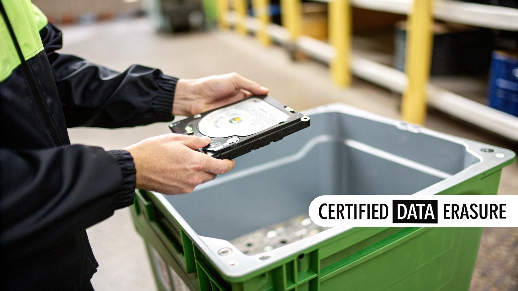 Hands holding a hard drive above a green bin, illustrating certified data erasure.