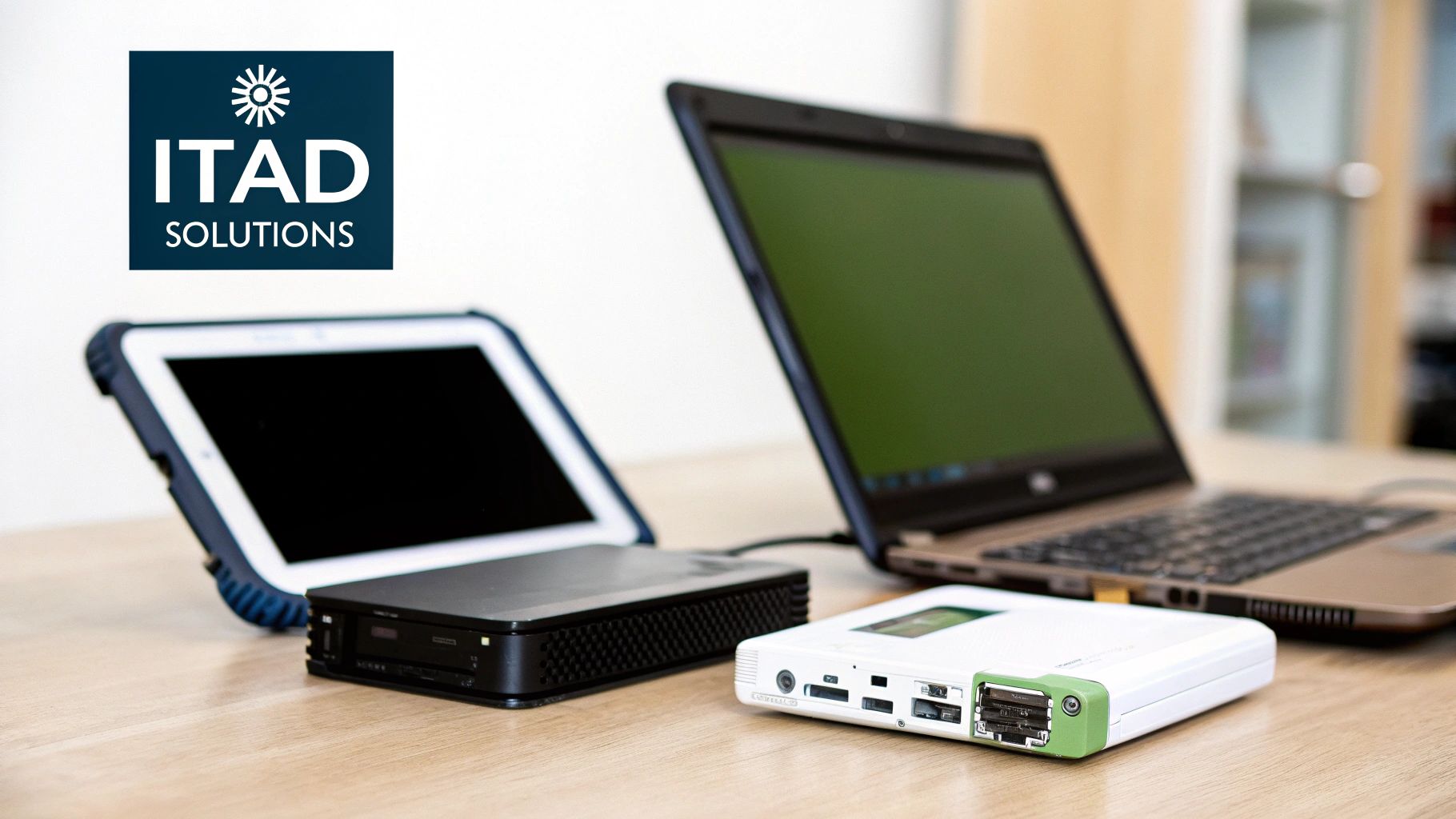 ITAD Solutions logo, rugged tablet, two mini PCs, and a laptop on a wooden desk.