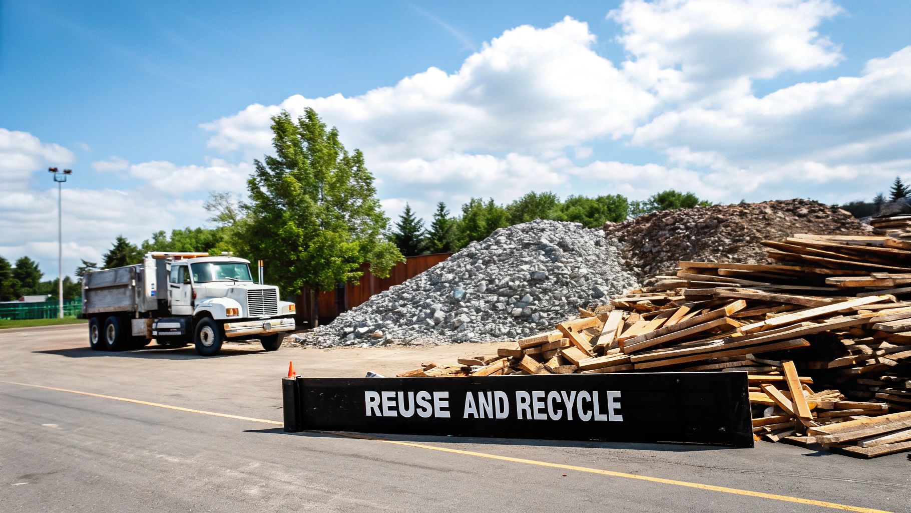 A white dump truck at a recycling yard with piles of wood and gravel, and a "REUSE AND RECYCLE" sign.