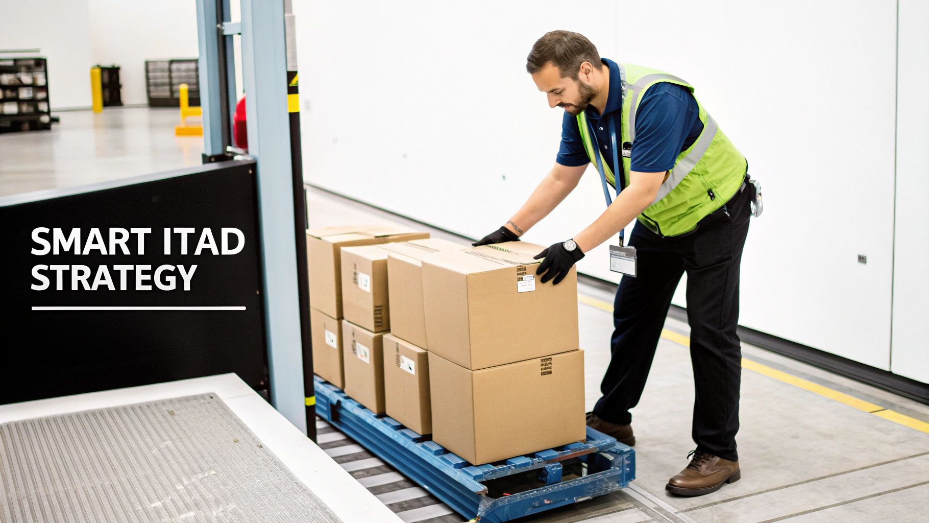 Warehouse worker in a safety vest handling cardboard boxes on a pallet, with "SMART ITAD STRATEGY" text.
