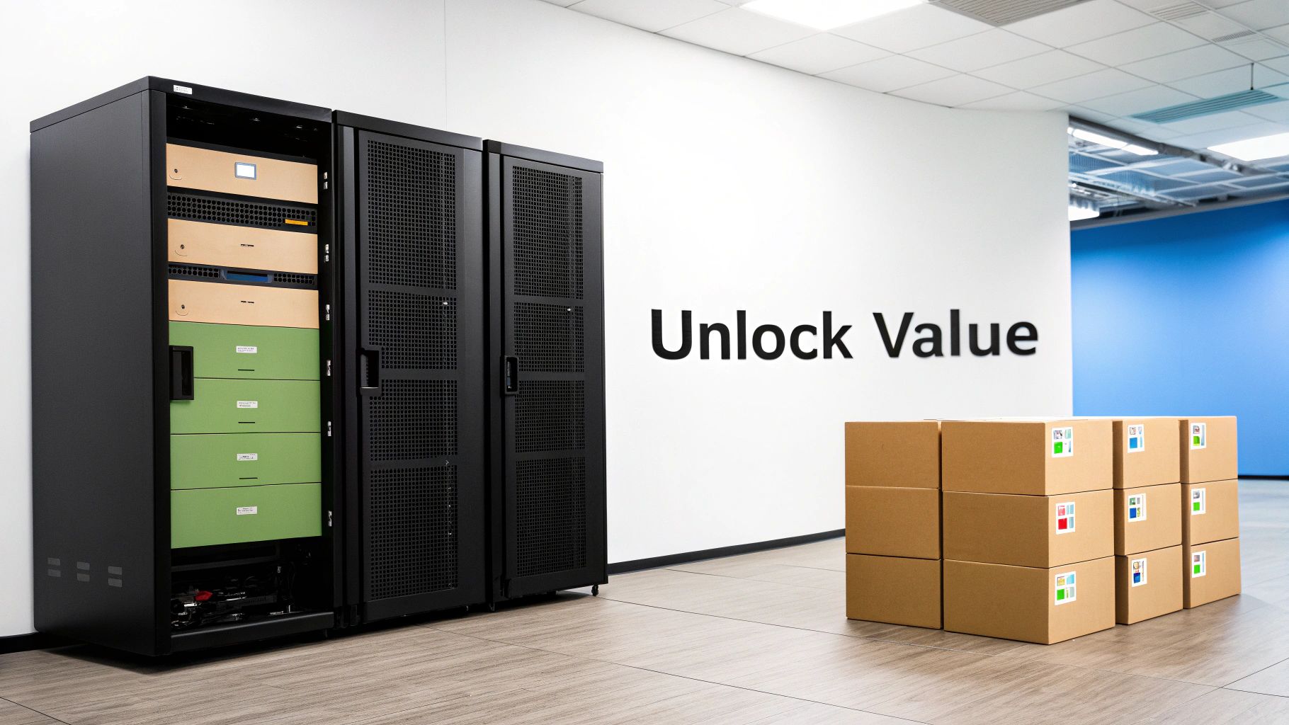 Data center scene featuring server racks, stacked brown boxes, and 'Unlock Value' on the wall.