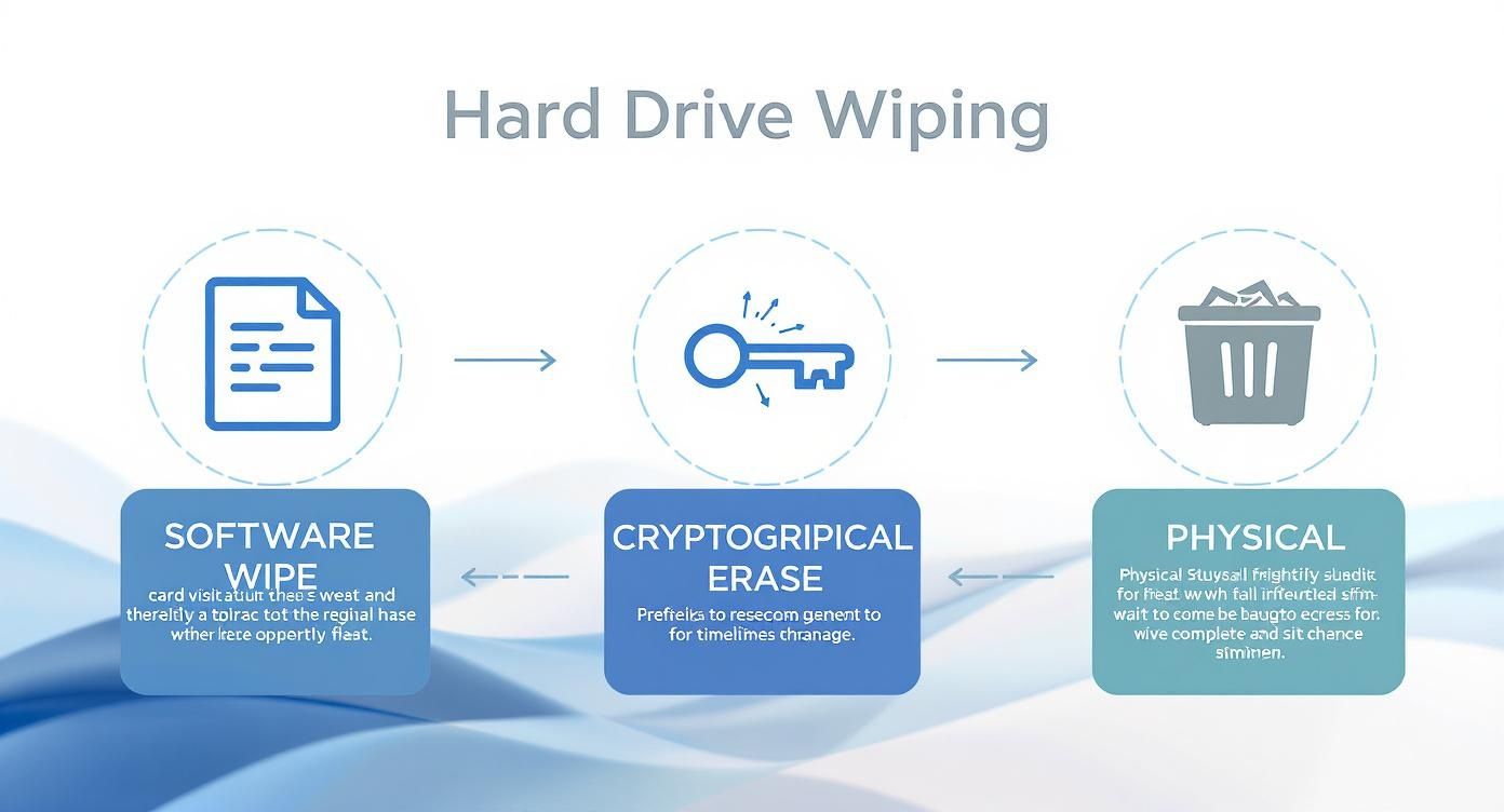 Diagram illustrating three methods for hard drive wiping: software, cryptographic, and physical.