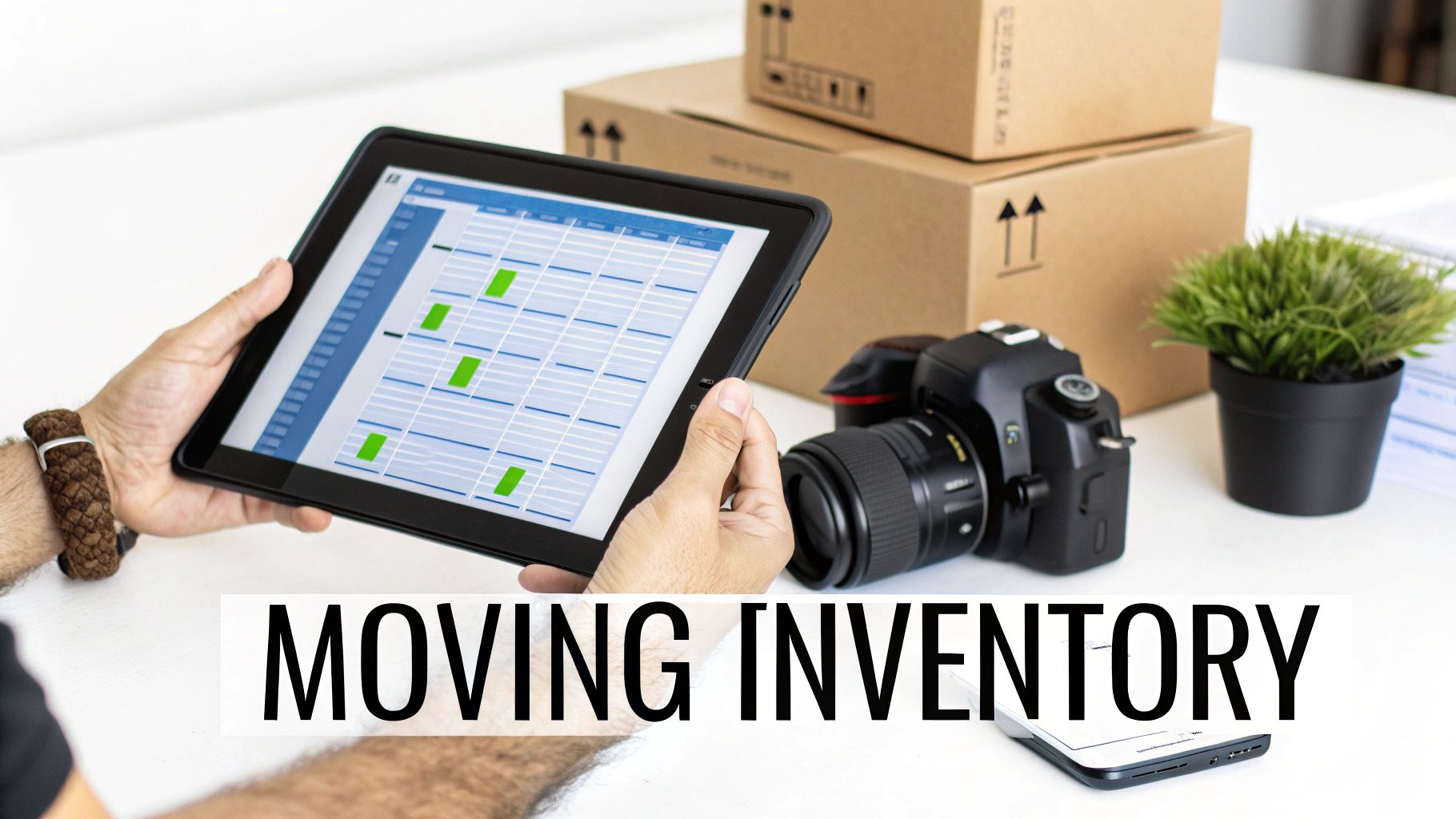 A person holds a tablet with an inventory app, next to moving boxes and a camera.