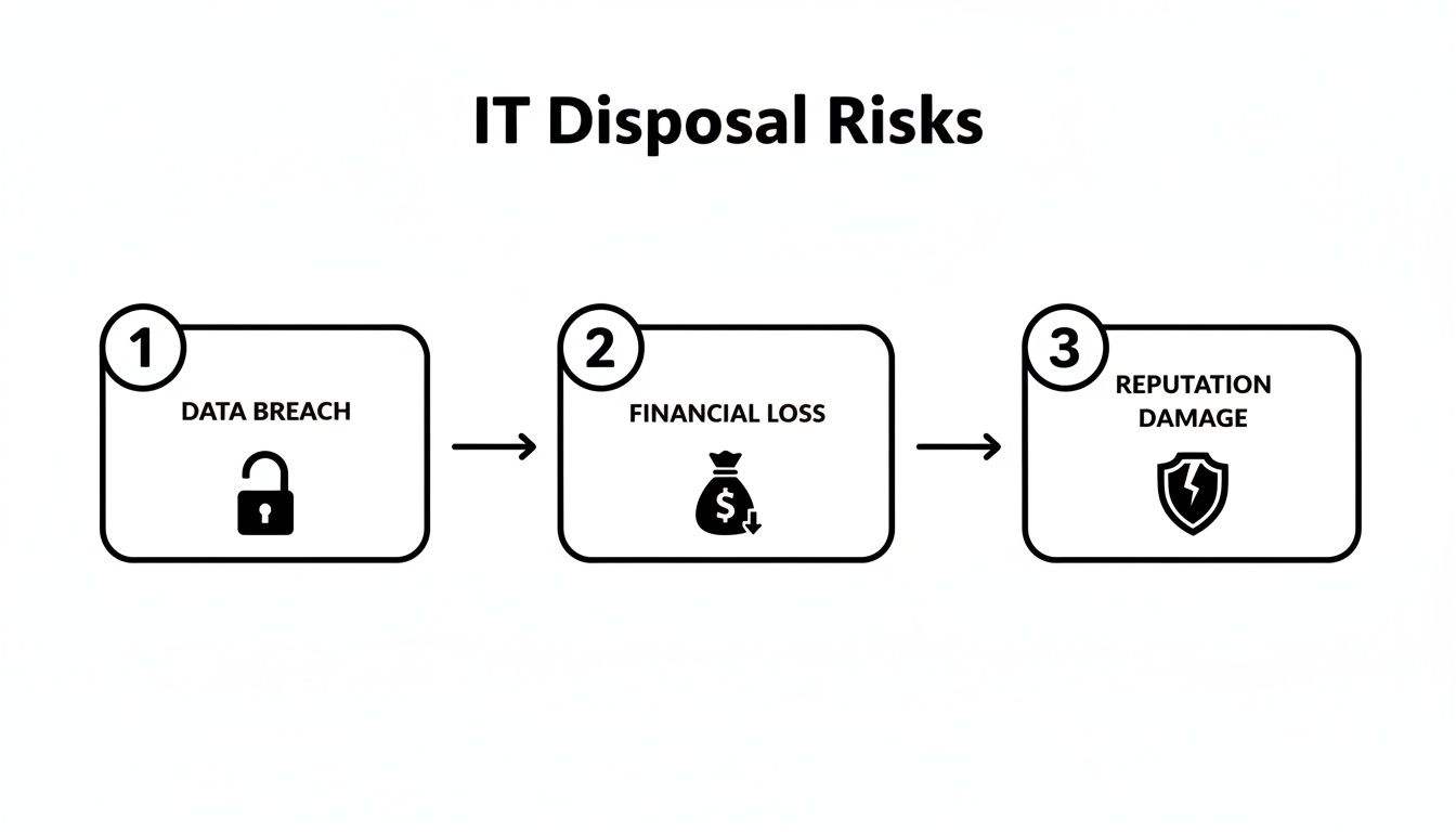 Flowchart illustrating IT disposal risks, showing data breach, financial loss, and reputation damage.